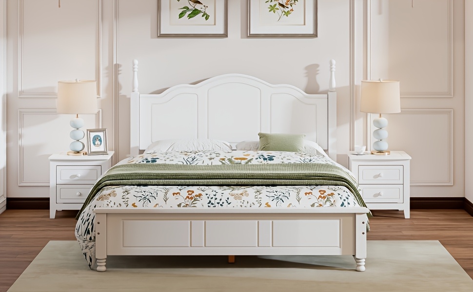 BELLEMAVE Queen Size Platform Bed Frame With Headboard, Wooden Slat Support, No Box Spring Needed, Easy Assembly, Sturdy Structure, Bedroom Furniture With Classic Vintage Design, White