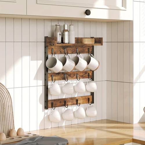 coffee mug holder stand 3 tier mug tree rack hanging 12 cups with top shelf for kitchen dining room living room cafe rustic brown