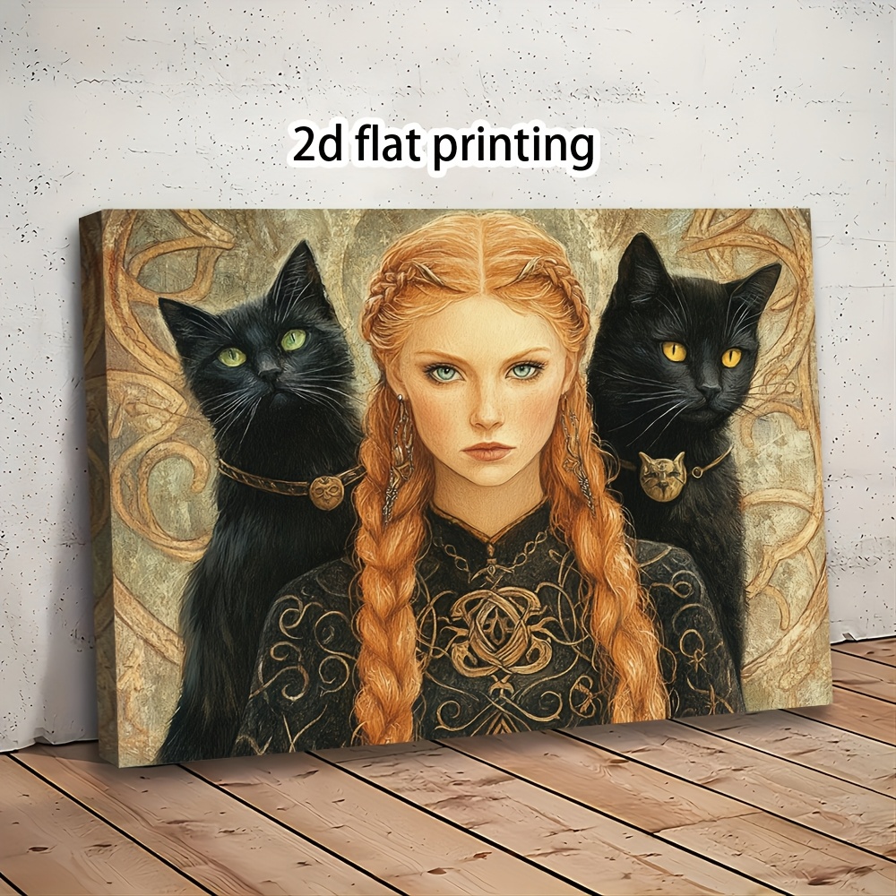TEMU 2d Flat, Posters & Prints [2d Flat] 1pc Wooden Framed Canvas Wall Art Ready To Hang, Freyja And Cats Fine Art Print Norse, 11.8inch X 15.7inch,