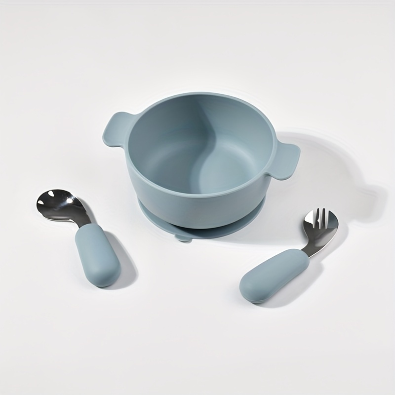 Image of 3pcs/set Feeding Utensils - Baby Independent Eating Training Utensils Steel Short Handle With Suction Cup Anti Slip Easy To Grade Silicone