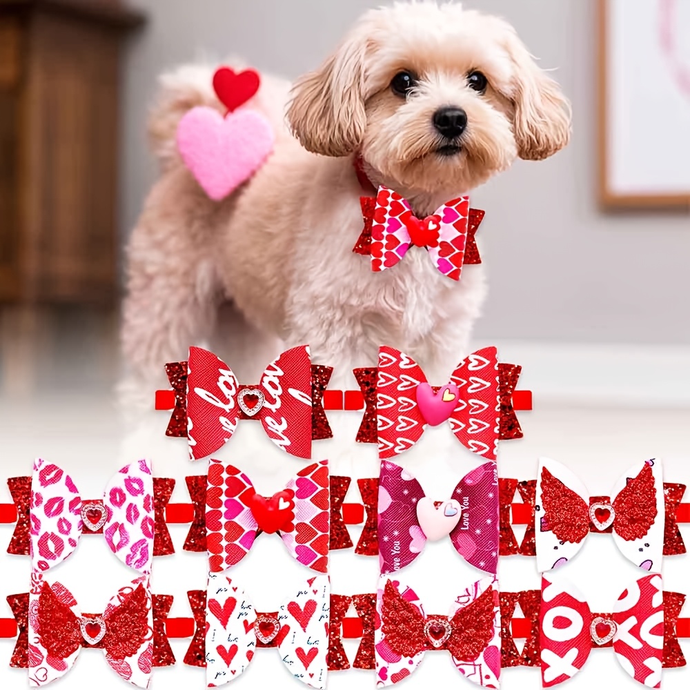 

5pcs Bowties, Adjustable Pet Collars, Heart & Diamond Print, Red Bow Ties For , Pet Accessories