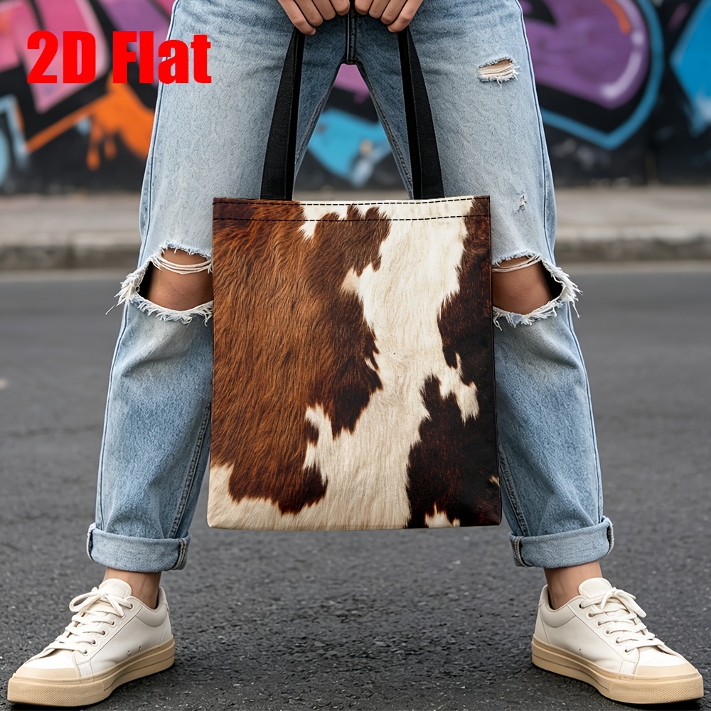 TEMU Bolso tote de 1 pieza con estampado de vaca peluda marrón y blanca, de gran capacidad, bolso de para mujer, ideal para pícnic y compras, gran