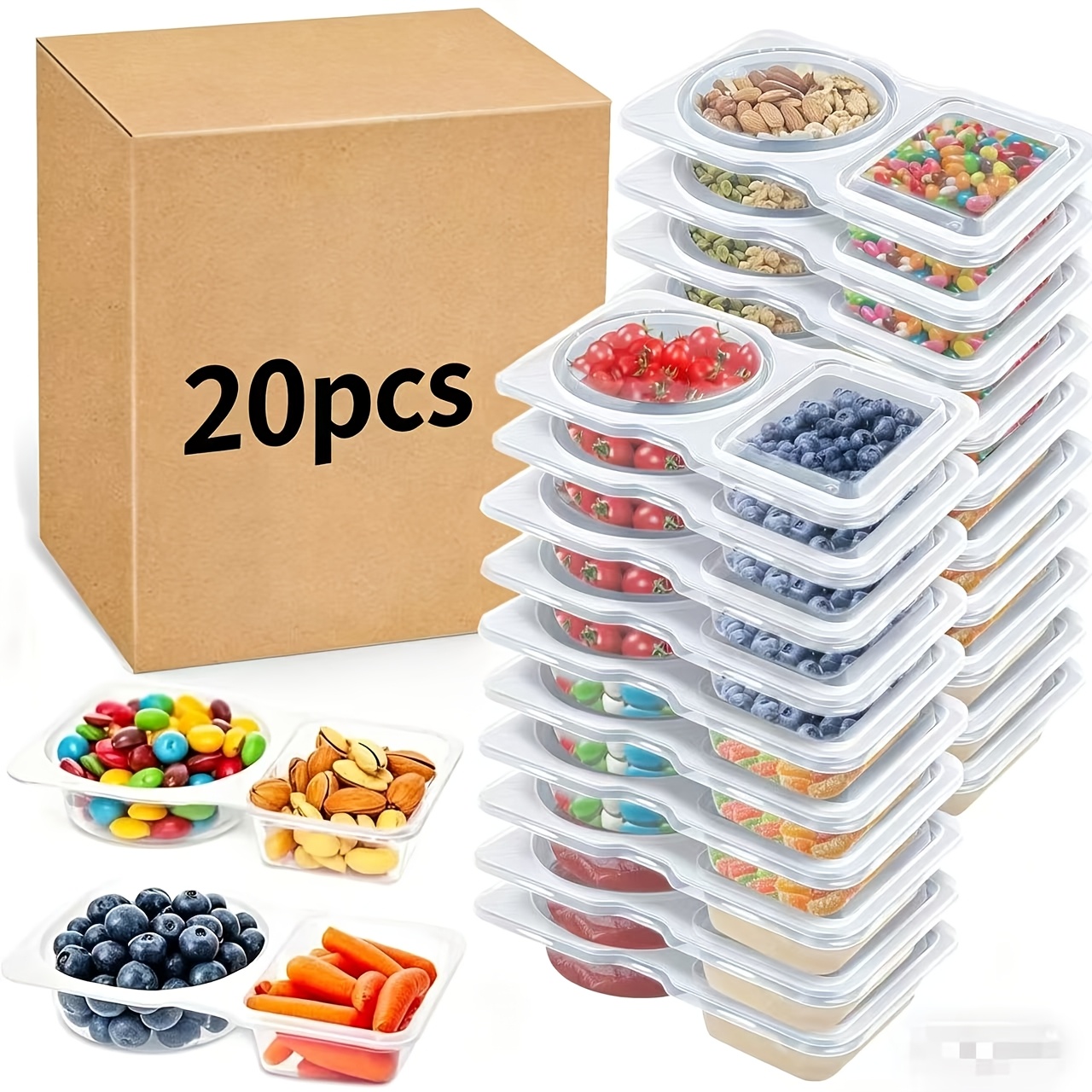 TEMU 20pcs/5oz Capacity Model - Premium Reusable Double-compartment Snack Containers With Lids - Leak-proof, Durable Plastic, Snack Bags/snack Box