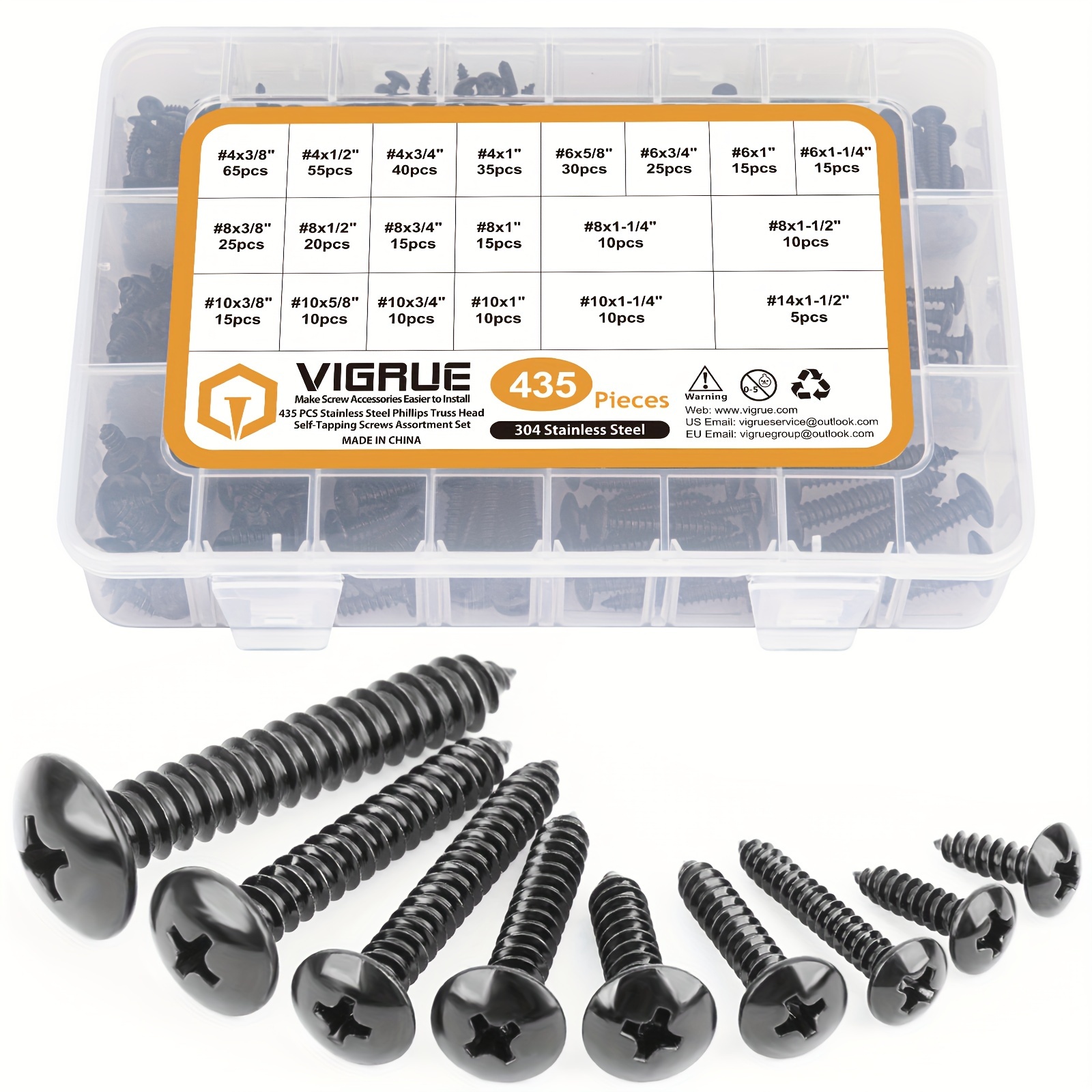 

Vigrue 435pcs Black Stainless Steel Screws Assortment #4#6#8#10#14 Phillips Truss Head Wood Screws Assortment Kit, Sheet Metal Screws Self Tapping Wood Screws Set