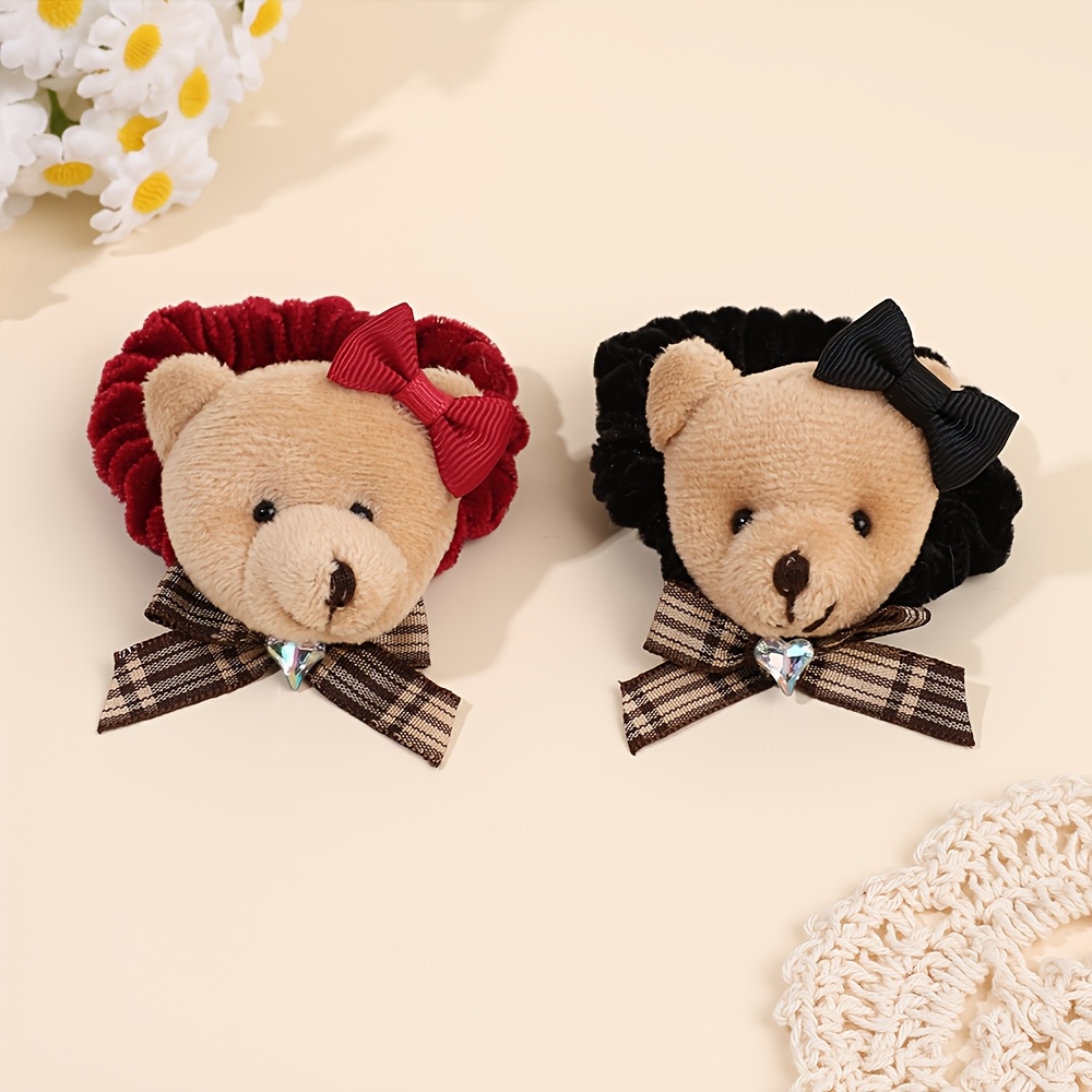 TEMU 2pcs Plush Bear Velvet Scrunchies 2 Colors Bow Heart Rhinestone Soft Stretchy Ponytail Holders Hairbands Additions For Daily Casual Gathering