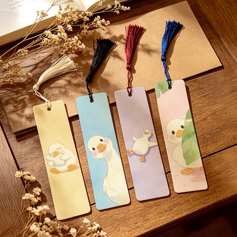 TEMU 4pcs, Cute , Animal, Bird, Watercolor Cartoon Style Pattern 1.5in X 5.9in 2d Printed Faux Leather Bookmark With Tassel, Daily , Book Decoration,