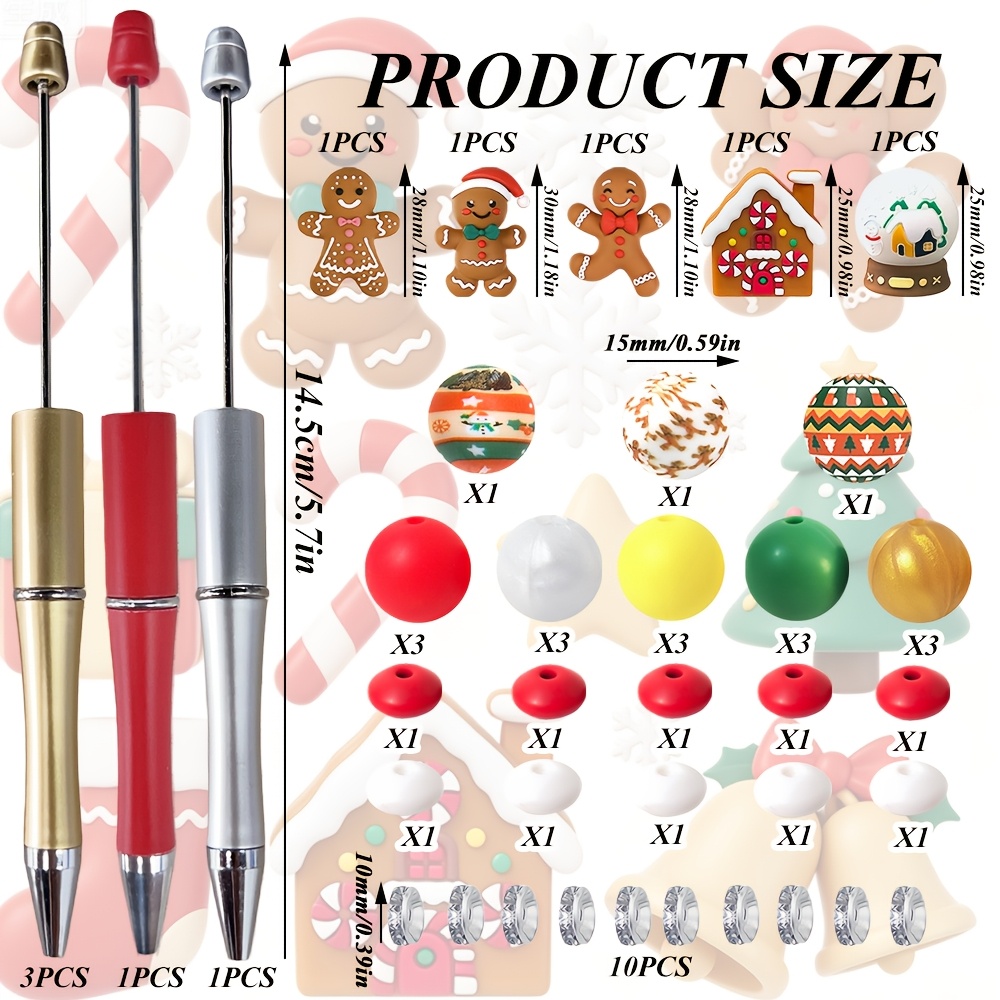 TEMU Ensemble de 48 stylos à perles en silicone de Père Noël Pain d'épices, Père Noël Maison d'épices Boule de cristal, avec perles rondes imprimées