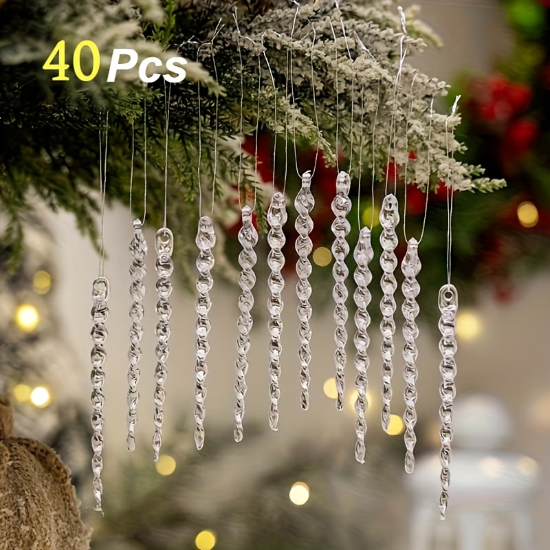 TEMU 40pcs Y-acrylic Twisted Ice Stick Decorations - Ice Pillar Ornaments With Non-entangling Hanging String, Suitable For Christmas Trees, Winter