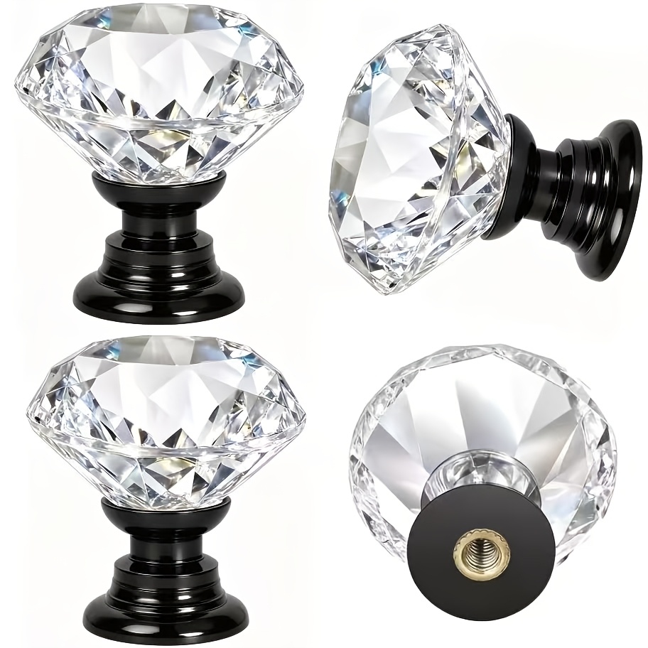 TEMU Crystal Cabinet Black Handles 4pcs Set, Transparent Glass Quadrilateral Drawer Handles, Diamond Dresser Cabinet Door Pulls, Suitable For Kitchen