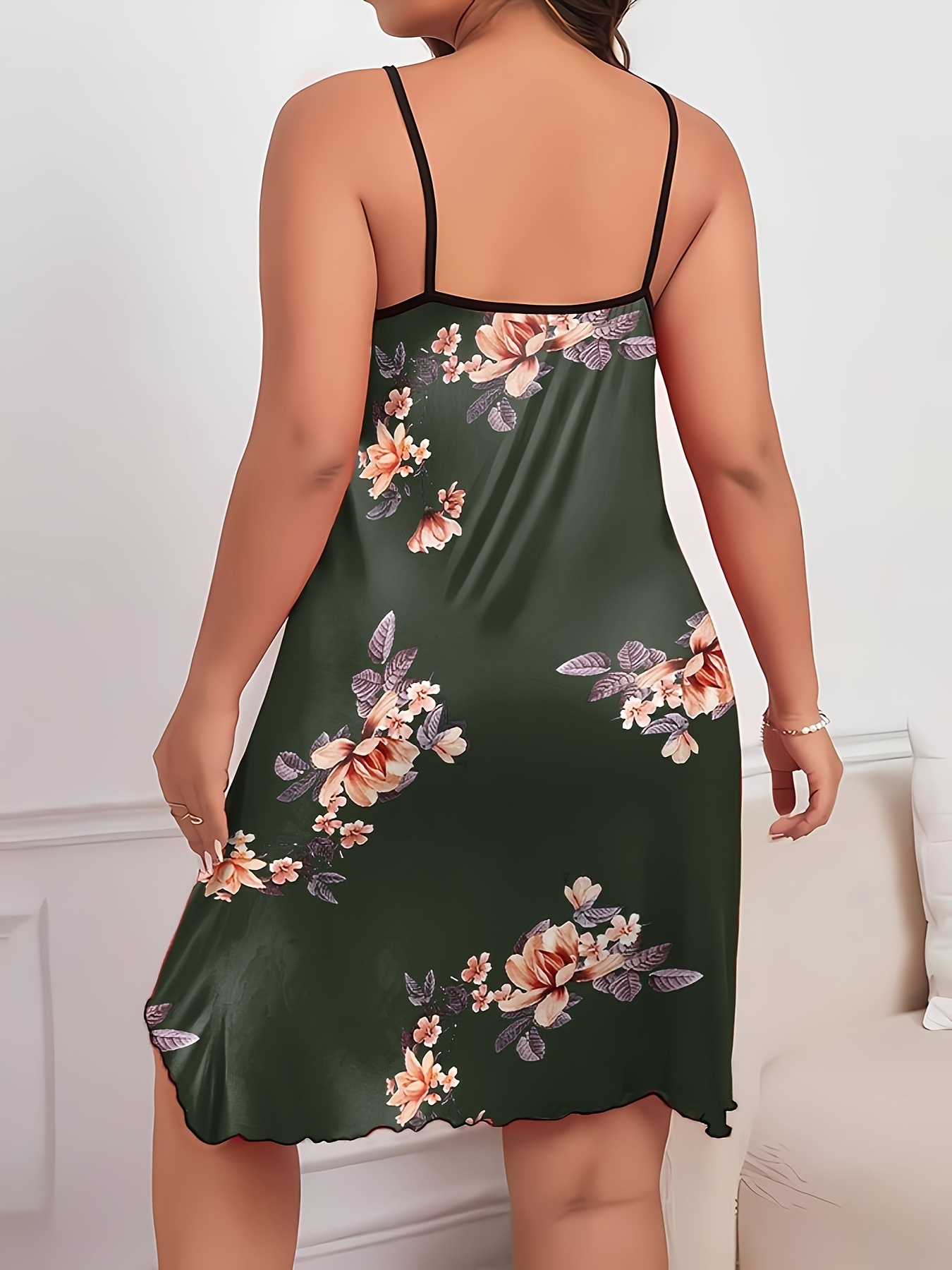 Women's Plus Sexy Loungewear Dress, Plus Size Floral Print Round Neck Frill Trim Cami Nightdress