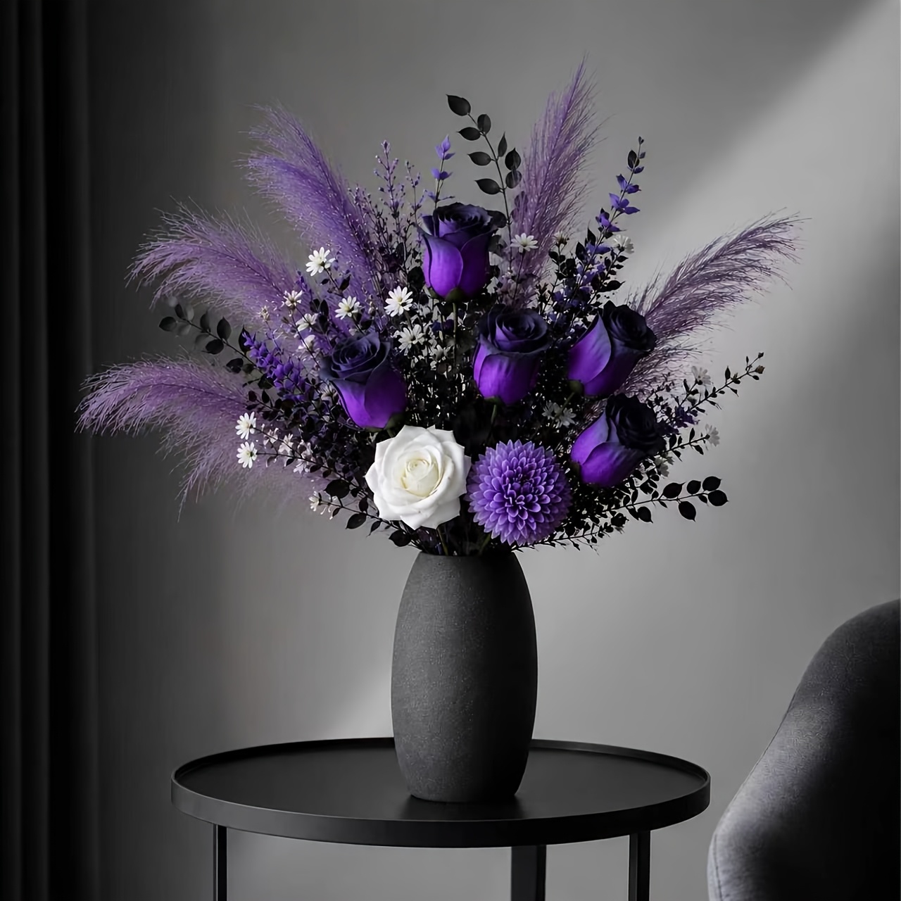 TEMU 1 Set Emotional Purple Gradient Rose And White Bouquet, With Lavender Reed Feathers And Dark Green Leaves, Mysterious Style Small Flower Branch,