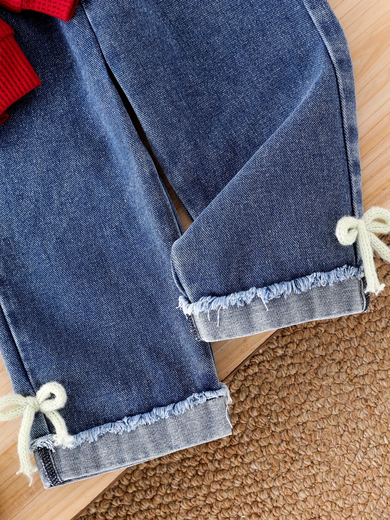 2pcs girls bow fringe bell bottom jeans outfit elastic waist long sleeve t shirts denim pants   casual wear 2pcs matching set for girls 2pcs ensemble   outdoor Product details 3