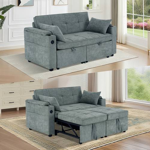 3 in 1 convertible sleeper sofa bed with pull out design cup holders side storage pockets hidden table and storage box adjustable backrest dark gray fabric couch