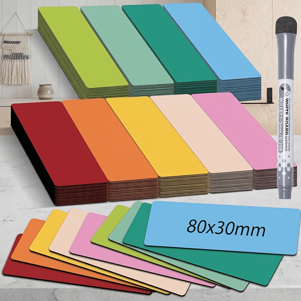 Image of Magnetic Strips - 8x3 Cm 48pcs Magnetic Strips And 1 Marker Pen - 8 Colors Erasable Magnets, Suitable For Whiteboards, Noticeboards, And