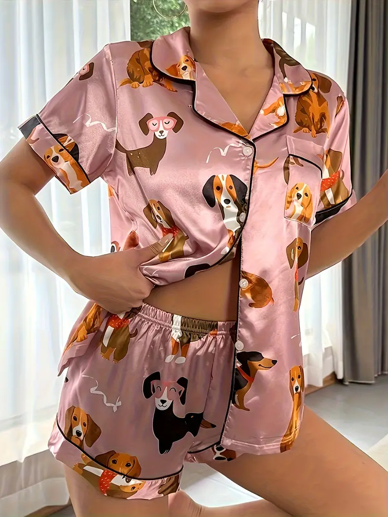 2pcs set of satin bean paste cartoon dog pajamas womens short sleeved stand up collar top and shorts pajamas 2pcs set Product details 0