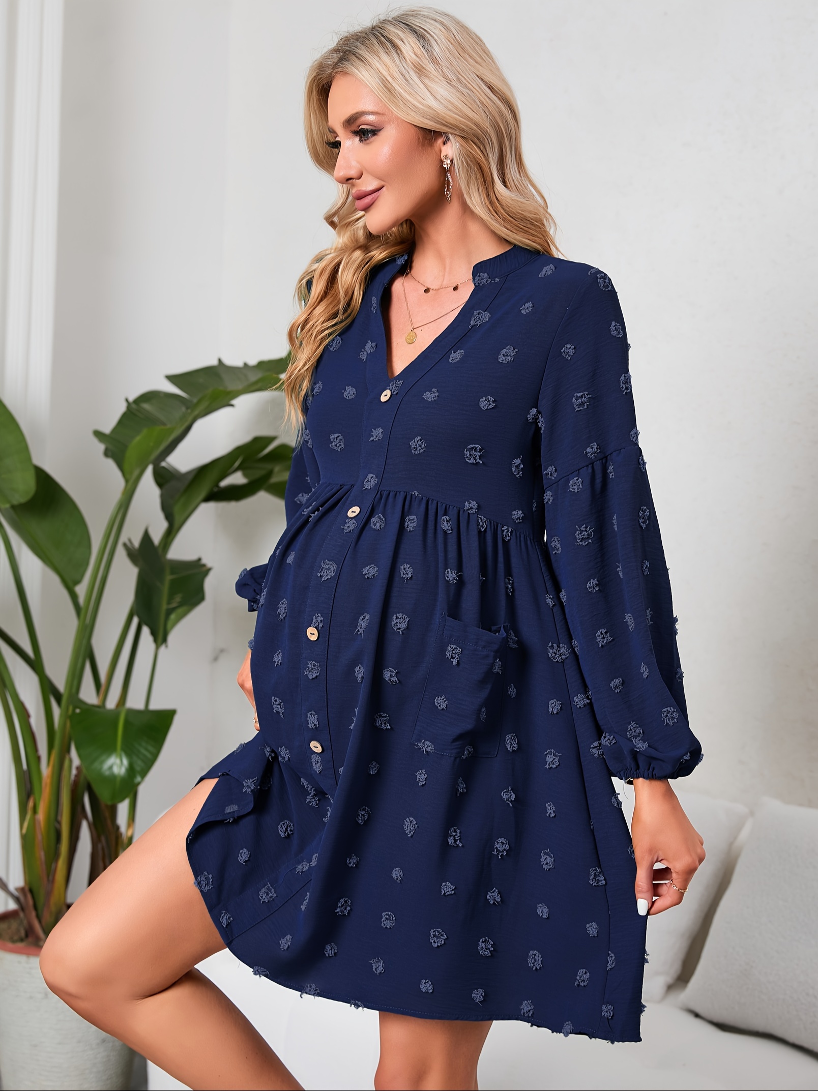 maternity dot dress v neck long sleeve button mini - Temu