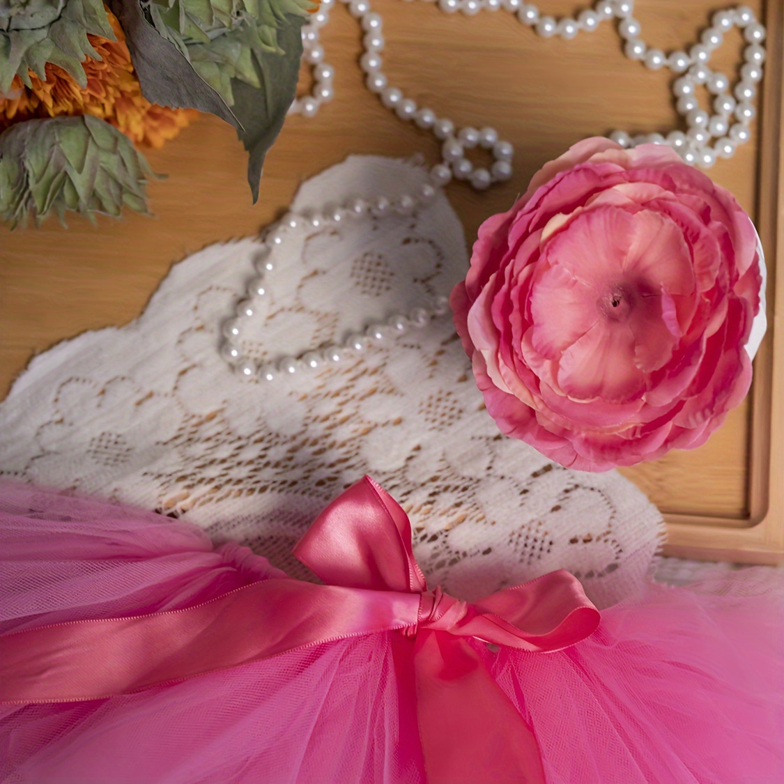 1set Newborn Girl'S Festive Magenta Ballet Tutu Skirt and Headband Set  Fluffy Tulle Baby Photo Prop Outfit with Floral Hairband Nylon Infant