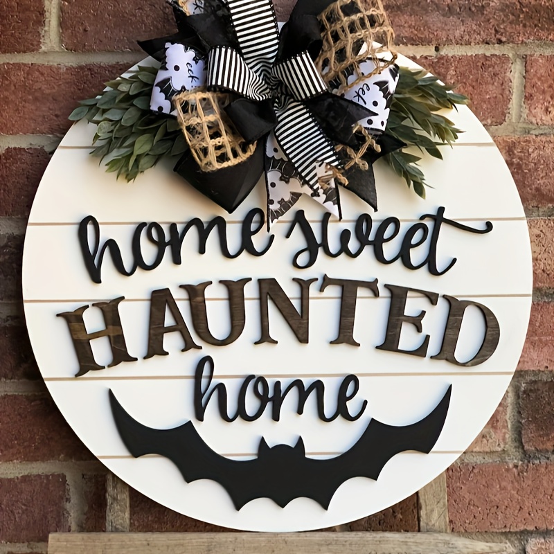 TEMU 3d Vintage Wooden Halloween Door Hanging Decoration - Haunted House Sign With Bat Cutouts, Black & White Checkered Bow & "home Sweet Haunted