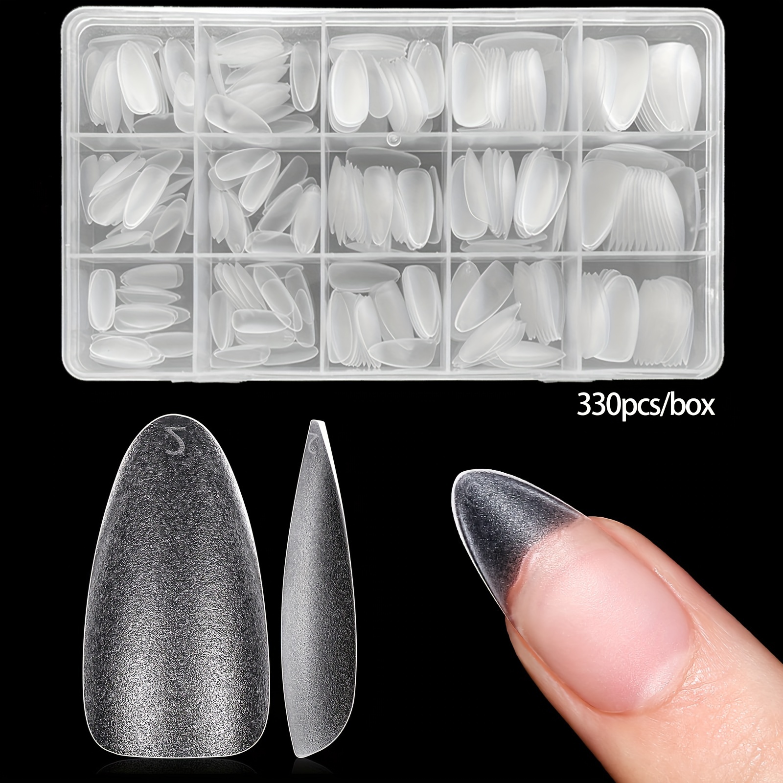 A Kit Containing 330 Medium Almond-shaped Soft Gel For Nail Tips In 15 Pre-buffed Sizes, Featuring Full Cover Double-sided Matte For Nails Suitable For Nail Art Extensions And Press-on Applications