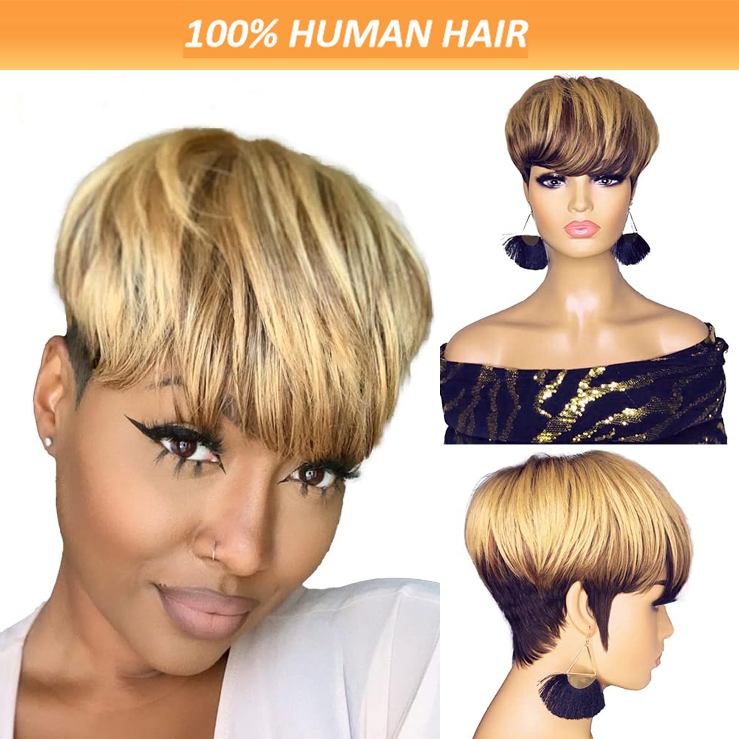 

6 Inch Human Hair 150% Density Pixie Hair Cut Black For Women Short Bob Wigs Human Hair Ombre No Lace Front Wigs With Bangs Full Machine Made Wigs Brazilian Remy Human Hair Wigs