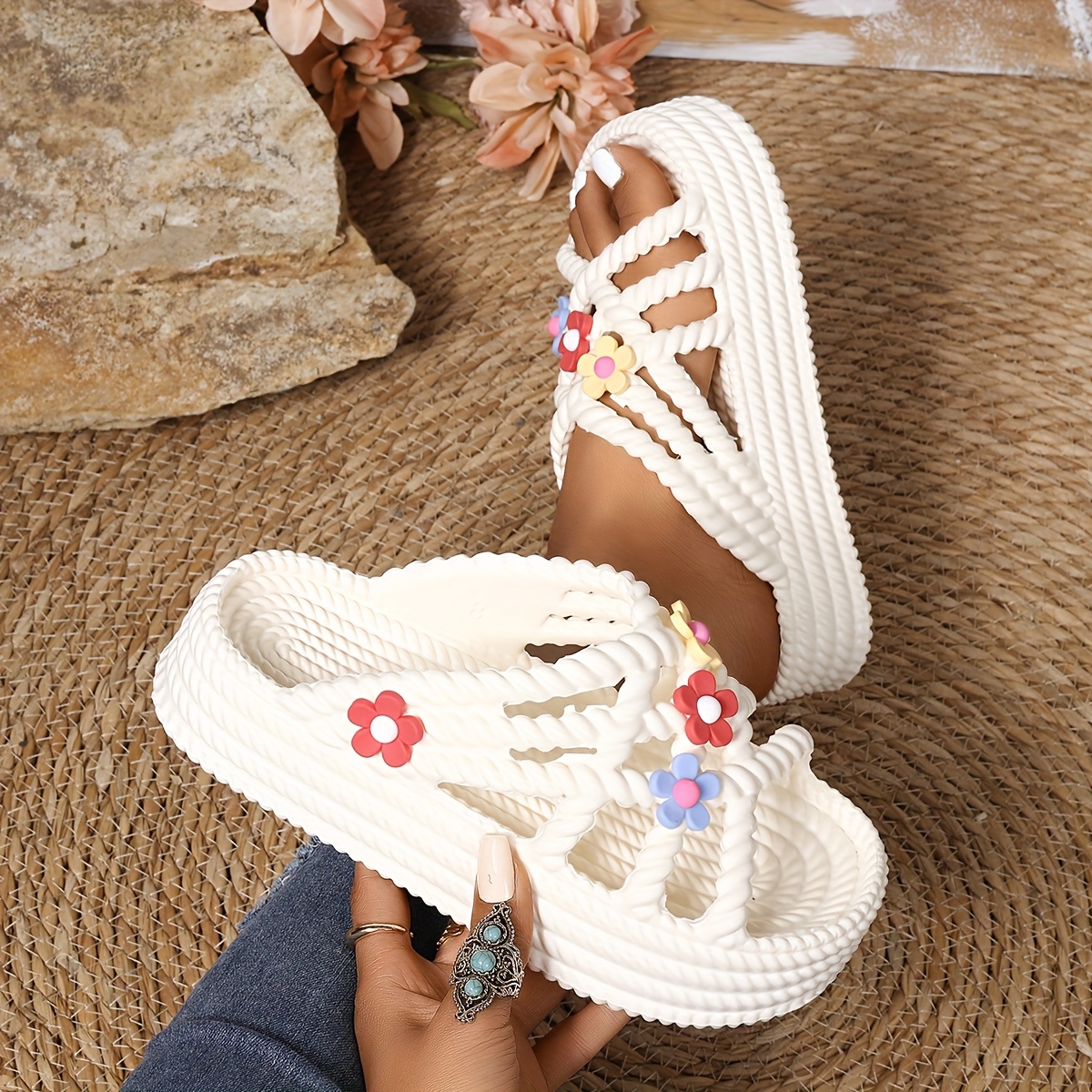 sandalias de mujer con estampado floral sin cordones, con tacón