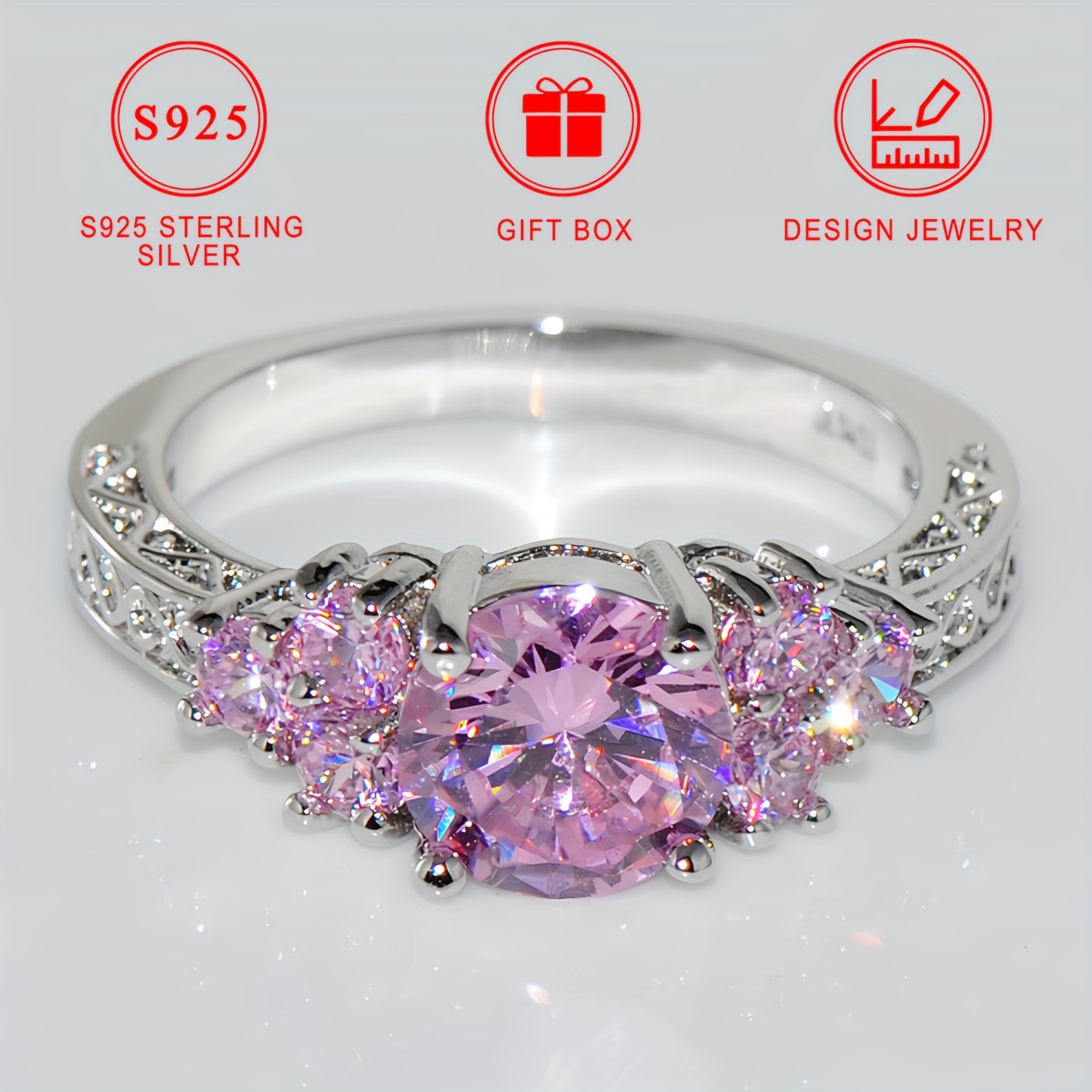 

3.5g S925 Silver Promise Ring For Women With Pink Shining Synthetic Zirconia Engagement Eternal Ring Jewelry Gift Box