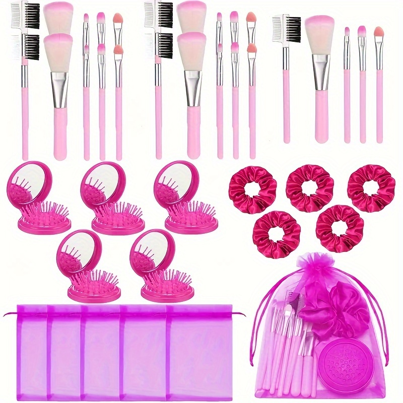 

20pcs Pink Girl Party, Favorite Girl Makeup Party, Favorite Party Supplies Set, Including Pink Gauze Bag, Pink Headband, Foldable Mirror Hair Brush, Makeup Brush