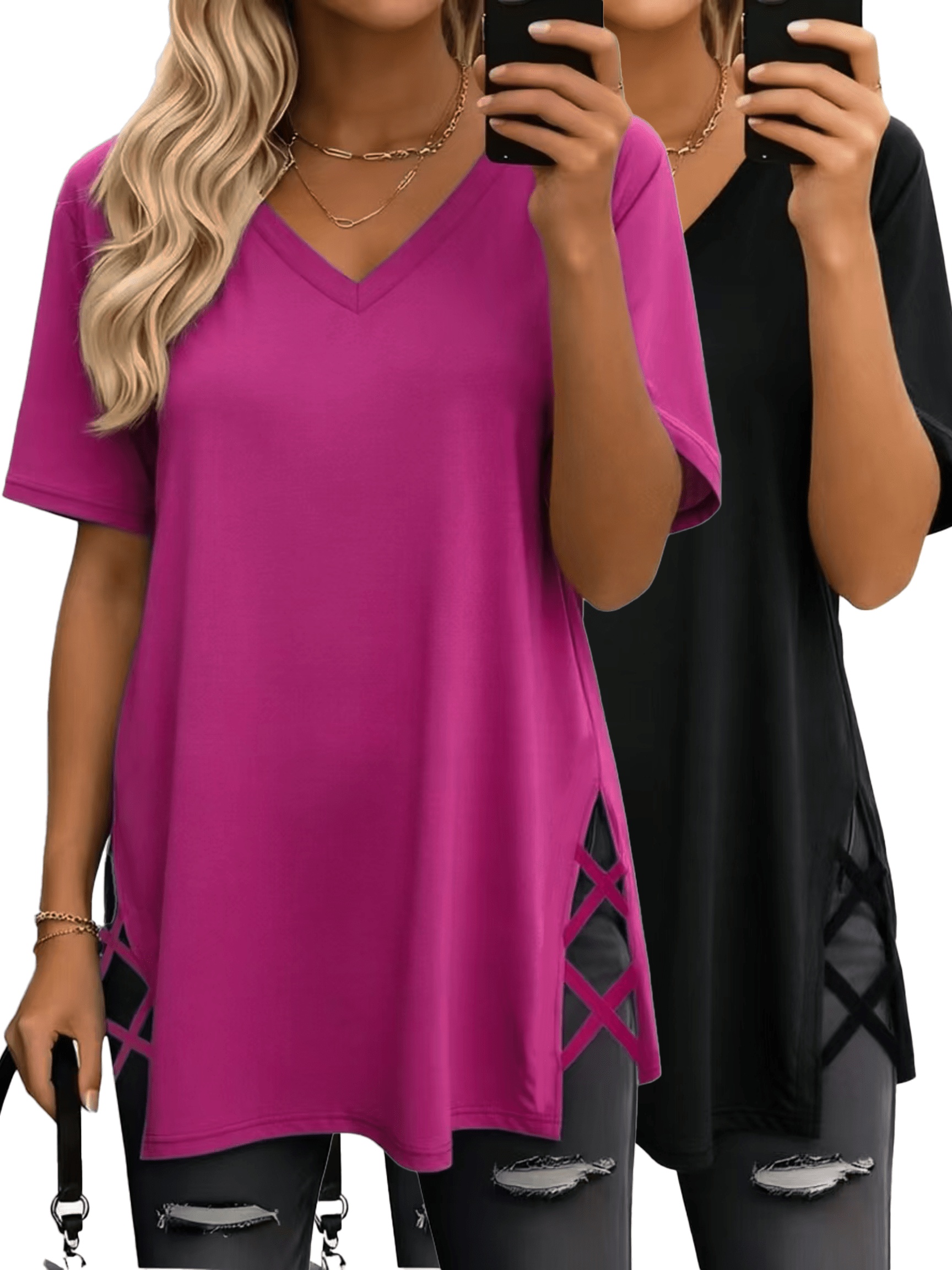 2pcs womens summer oversized y top soft and comfortable v neck casual midi length top basic shirt fashionable side slit loose short sleeve t shirt