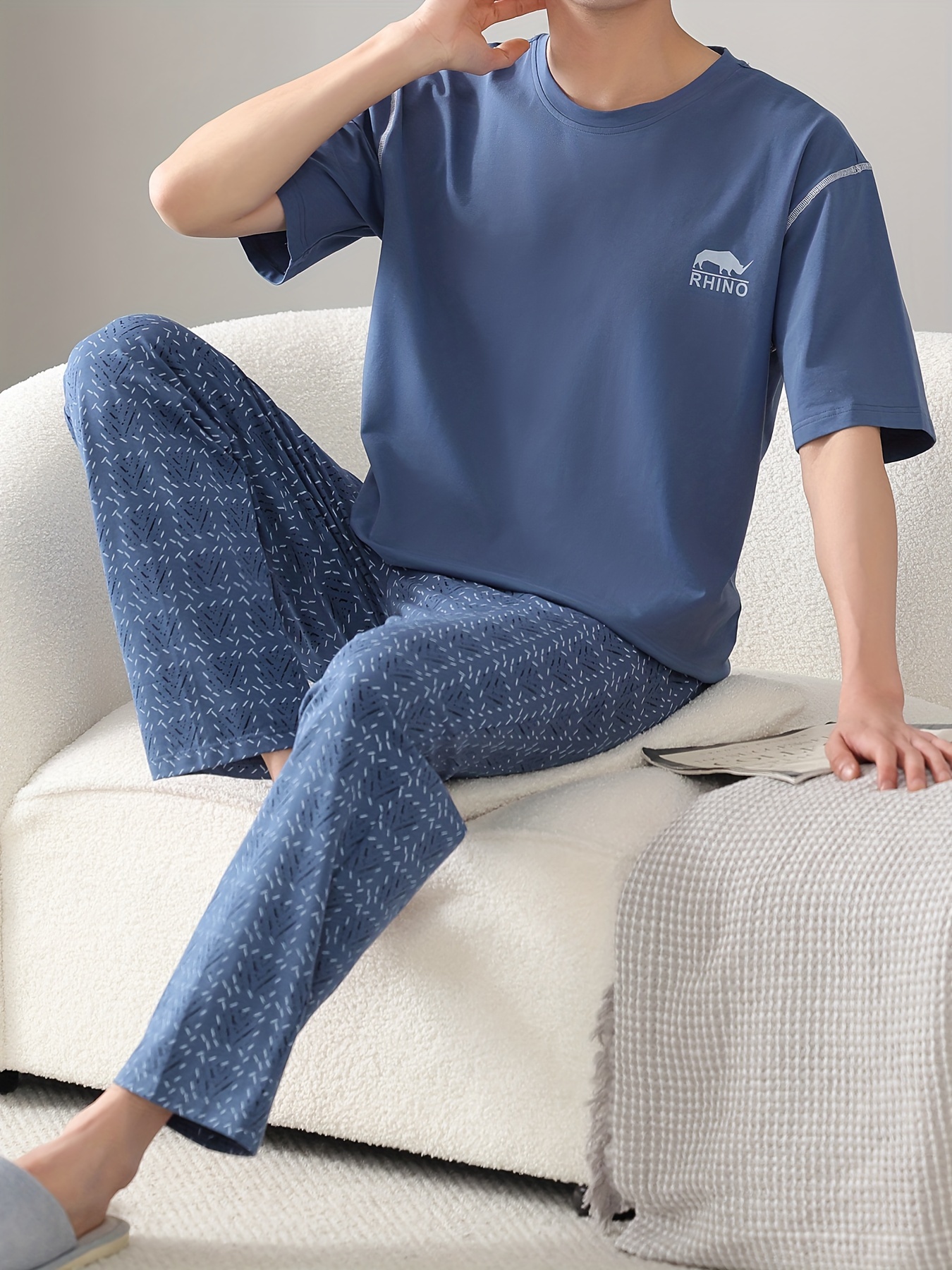 Men's Summer Cotton Pajama Set - Lightweight, Breathable Short Sleeve & Long Pants with Pockets, Casual Round Neck Sleepwear, Plus Size, Home Wear