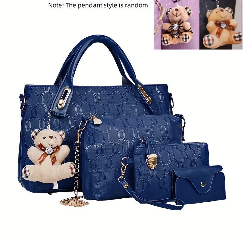 TEMU 4pcs Retro Fashion Embossed Women's Bag, Simple Large Capacity Tote Bag, Casual Versatile Single Shoulder Crossbody Bag, A Random Bear Pendant,