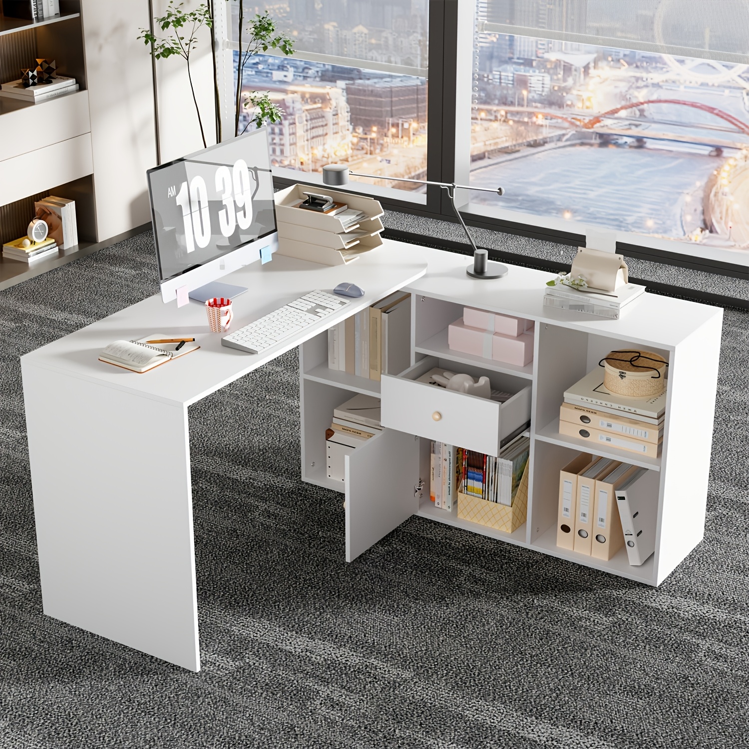Image of L-shaped Desk In , Adjustable Placement, Suitable For Office Computer Desks, With Drawers And Open Bookshelves, Integrated Design Of Bookcase And Desk, White, 120x50x75cm (chair Not Included)