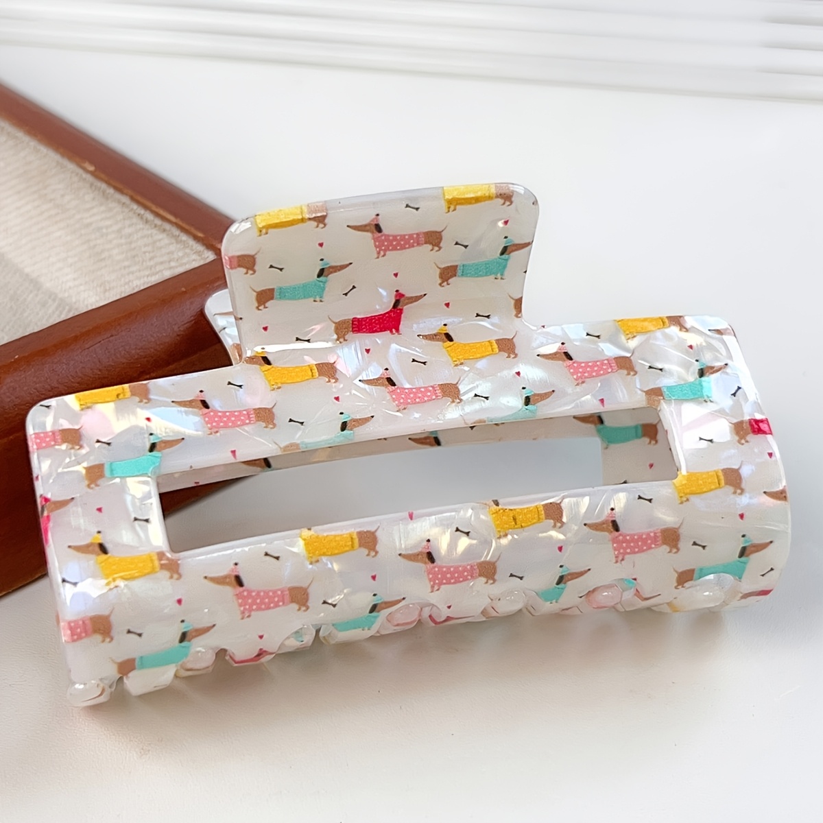 Image of 1pc Colorful Dachshund Dog Print Hair Claw Clip, White Iridescent Hollow Rectangle Non-slip Shark Clip, Cute Puppy Hair Jaw Clamp, Women Casual Additions