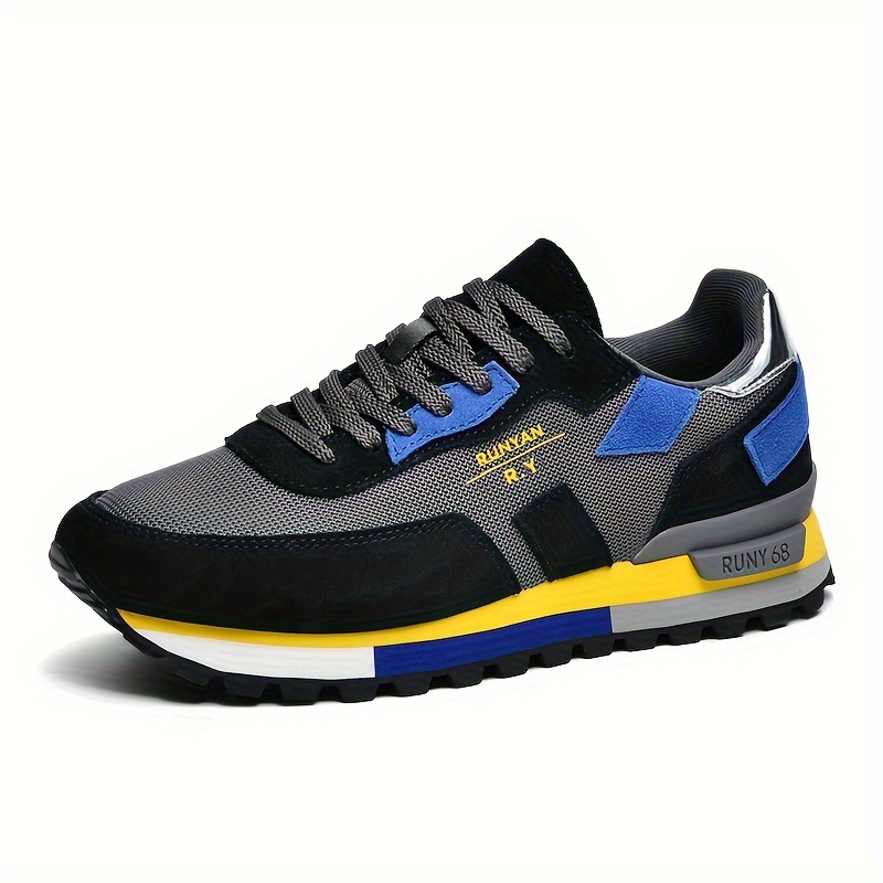 

Men's Casual Lace-up Sneakers - Comfortable Oxford Walking Shoes With Breathable Mesh Upper & Md/tpr Sole, Stylish Black With Blue & Yellow Accents, Casual Attire