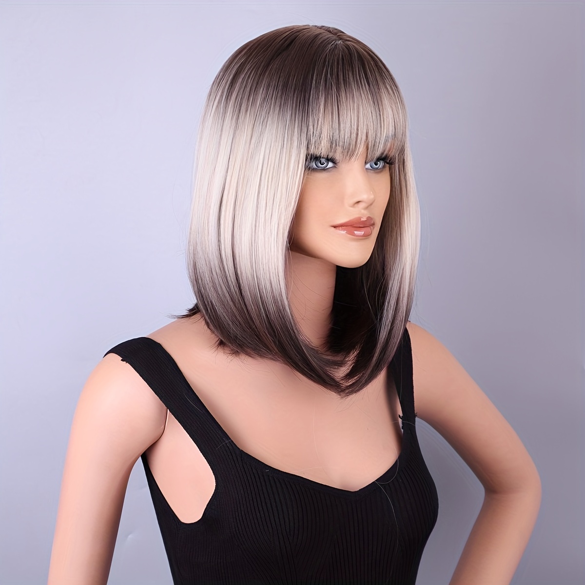 

1pc 31cm/12in Gradient Color Full Wig With Bangs Short Straight Hair 100% High Temperature Silk Over Head Wig Suitable For Daily Dating Party Birthday Party