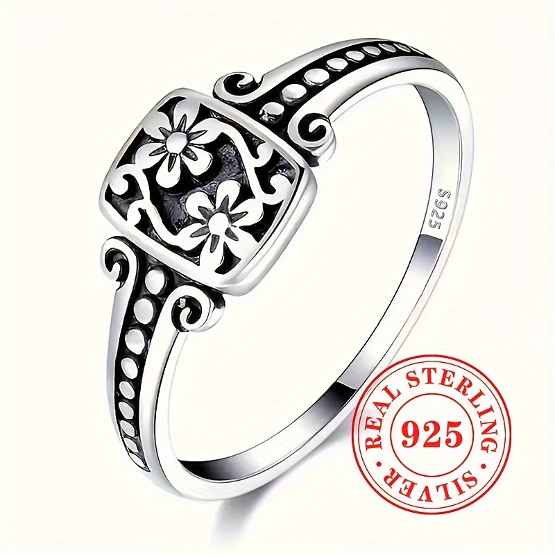 

925 Sterling Silver Vintage Silver Color Flower Ring Bohemian Ladies Daily Casual Ring