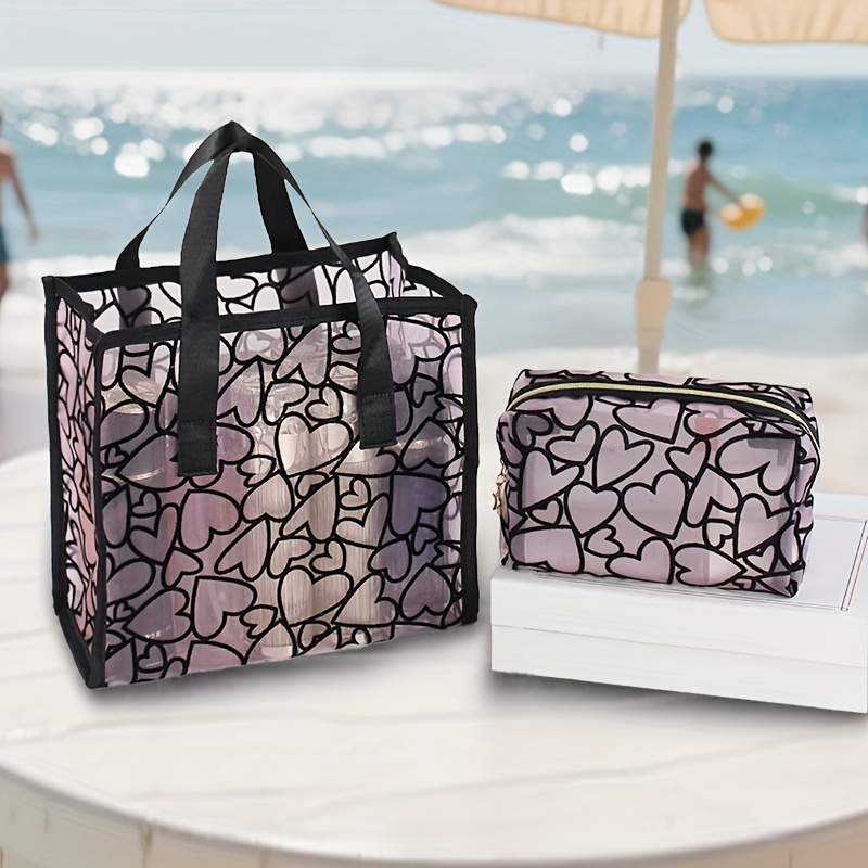 TEMU 2pcs Set [makeup Bag] Heart Print Mesh Tote Bag And Cosmetic Bag Set | Transparent Travel/beach Toiletry Organizer | Suitable For Use As Beach