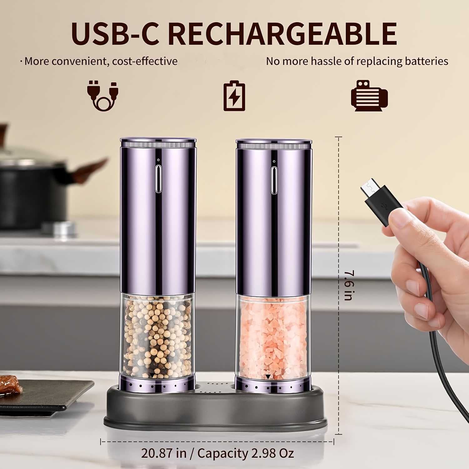 TEMU 2pcs Electric Salt And Pepper Grinder Set Automatic Refillable Salt And Pepper Grinders With Led Light Pepper Grinder Kitchen Gadgets Adjustable
