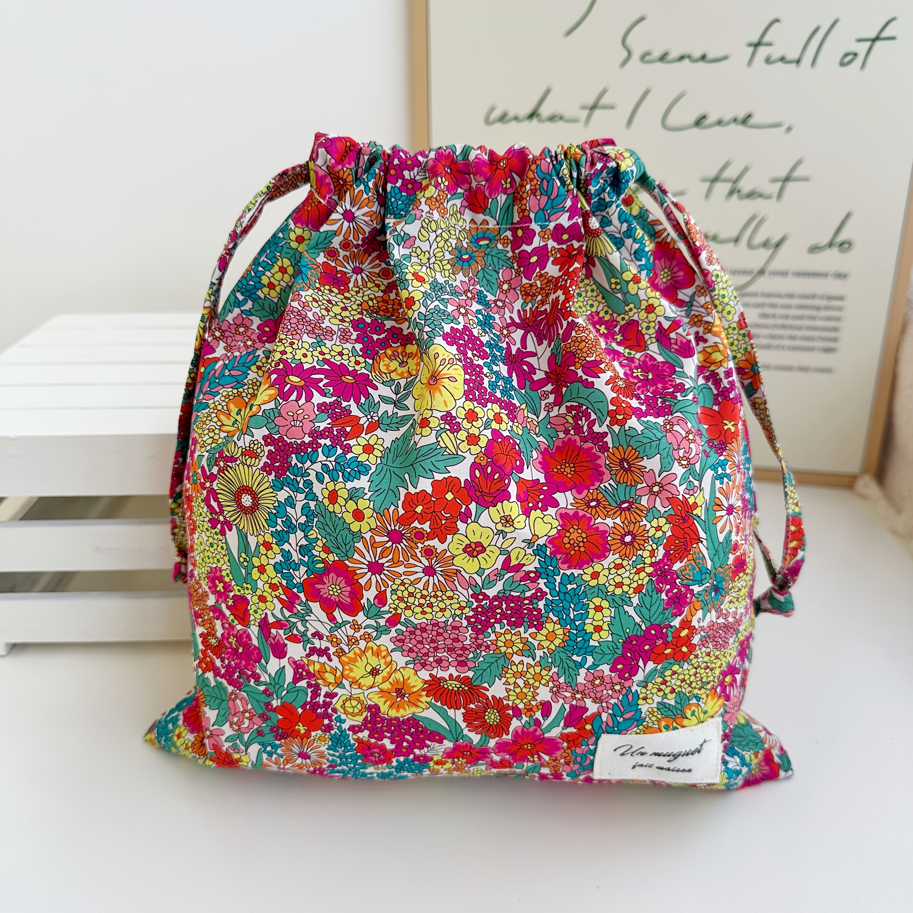 TEMU 1pc Floral Print Drawstring Bag - Vibrant Pastoral Design, Foldable Fabric Organizer For Gifts, Jewelry, Cosmetics - Ideal For Home Storage,