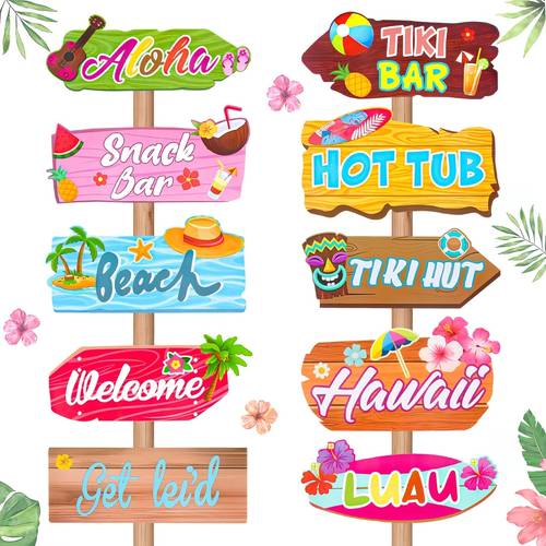 10pcs decorative signs and plaques hawaii theme paper signs beach coconut pineapple pattern signage hawaiian summer theme party decorations tropical luau party welcome signs outdoor indoor party decor birthday decorative props party supplies