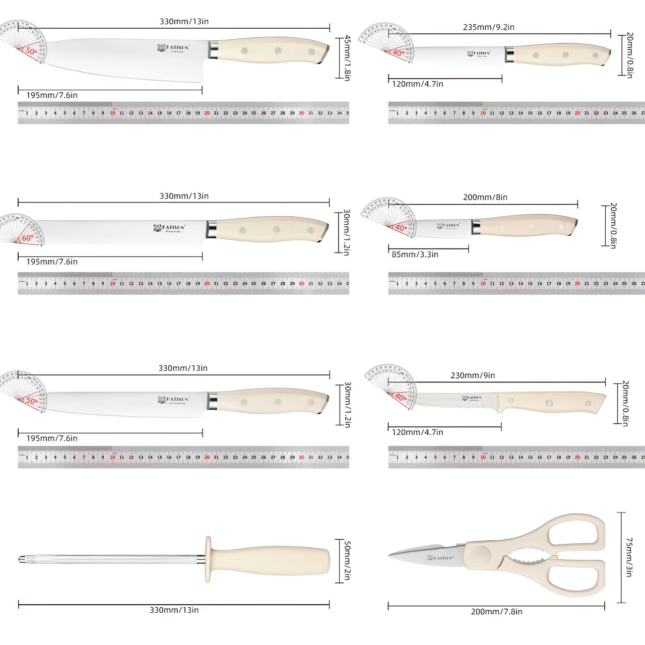 Professional-grade 14pcs High-carbon Stainless Steel Knife Set In Creamy White. Exceptional Sharpness, Includes Wooden Knife Block And Kitchen Shears. All Knives Feature Non-slip Ergonomic Handles. Ideal for Home Use, Travel, Or As A Gift.