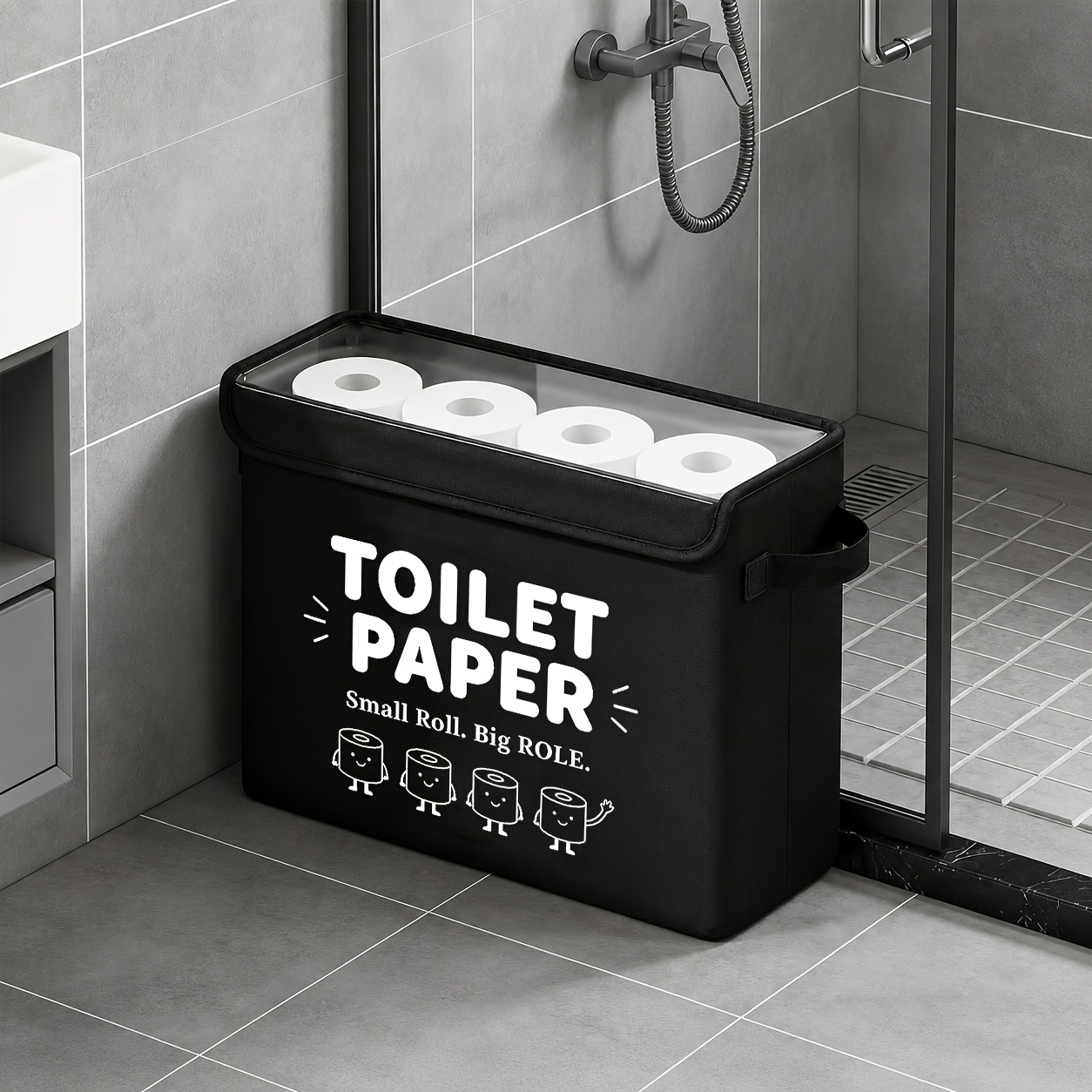 TEMU Bathroom Tissue Storage Box With Transparent Lid, Bathroom Tissue Storage Bag, Black Fabric Tissue Roll Storage Container, Toilet Paper Storage
