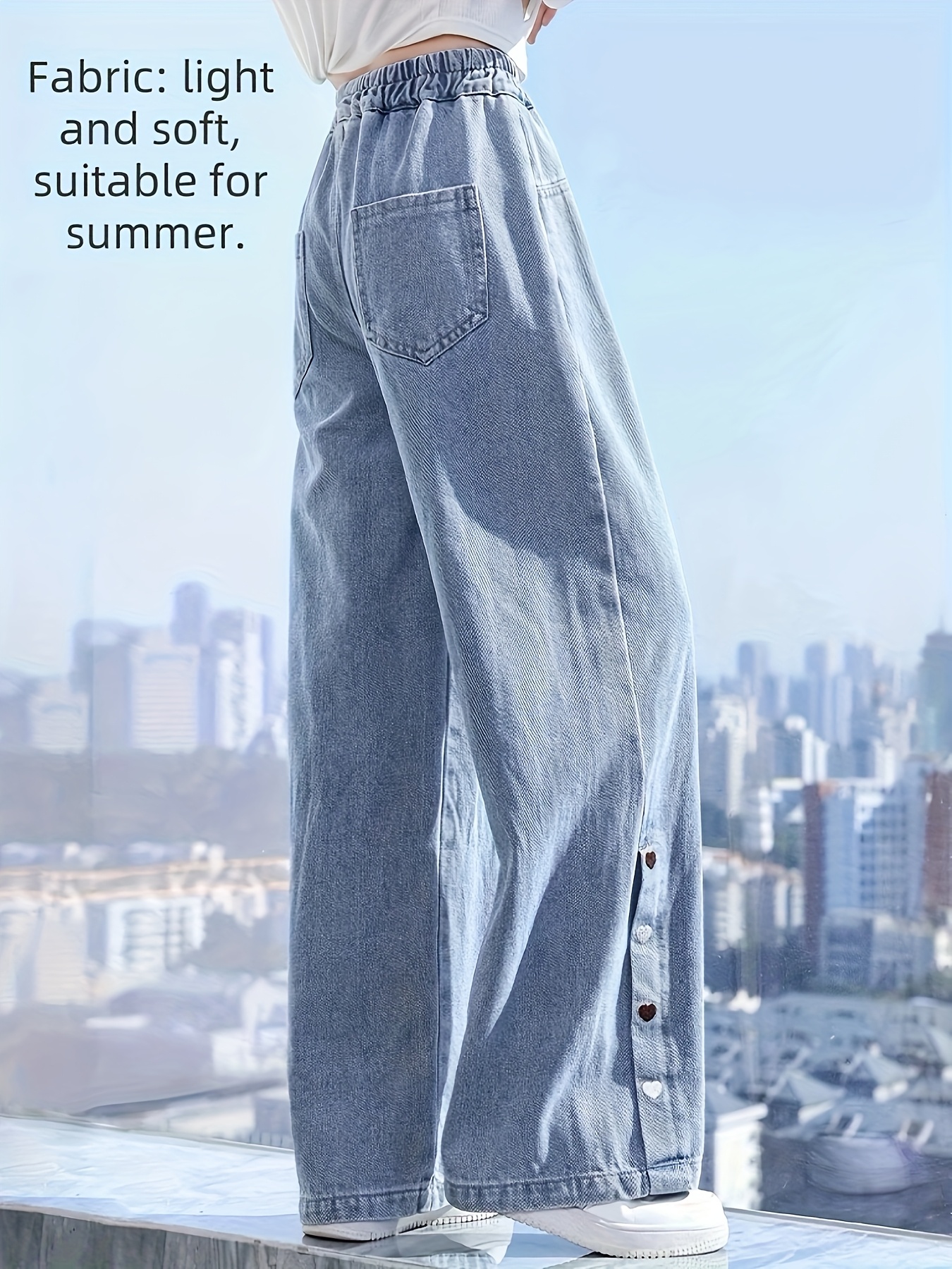 Girls' Wide-Leg Jeans Pants Summer Weightless */Denim-like Fringe Hem  Trousers with Heart Button Pocket, Loose Fit Retro Style for Teen Girl