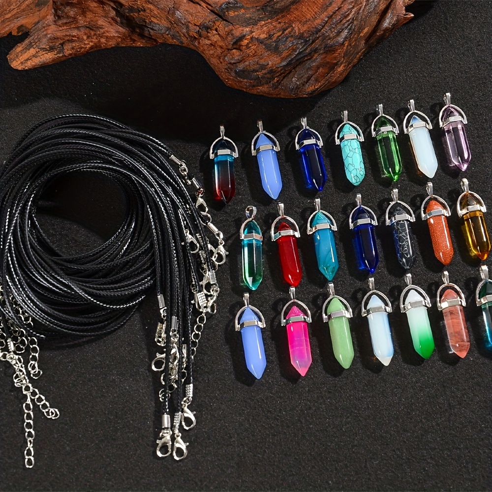 10pcs Multicolor Glass Hexagonal Column Pendant Necklace Set