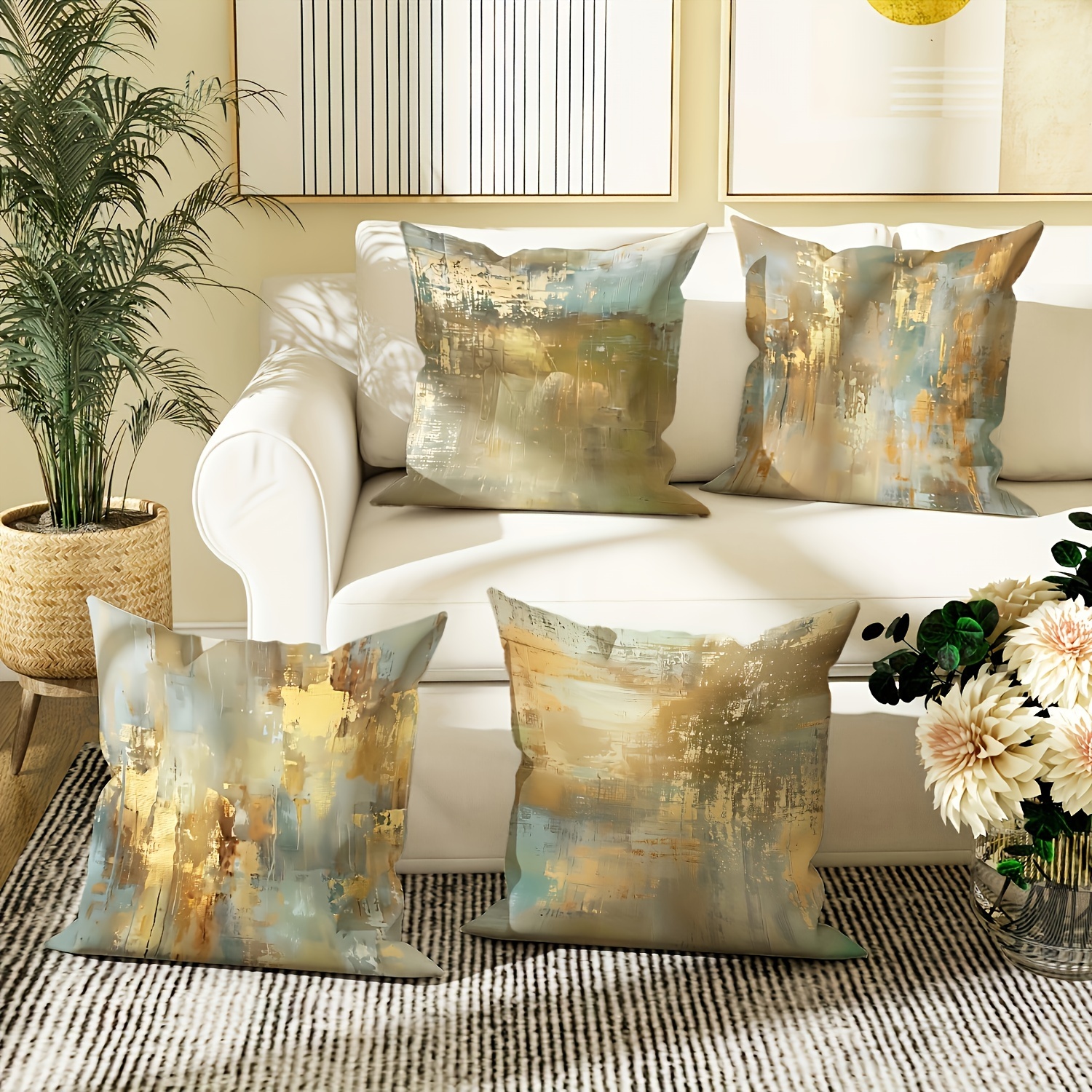 

4pcs Set Of Luxurious Abstract Throw Pillow Covers - 18x18 Inches, Vintage Green, Brown & Golden - Living Room, Bedroom & Sofa Decor - Zip Closure, Machine Washable Polyester, Pillows Decorative