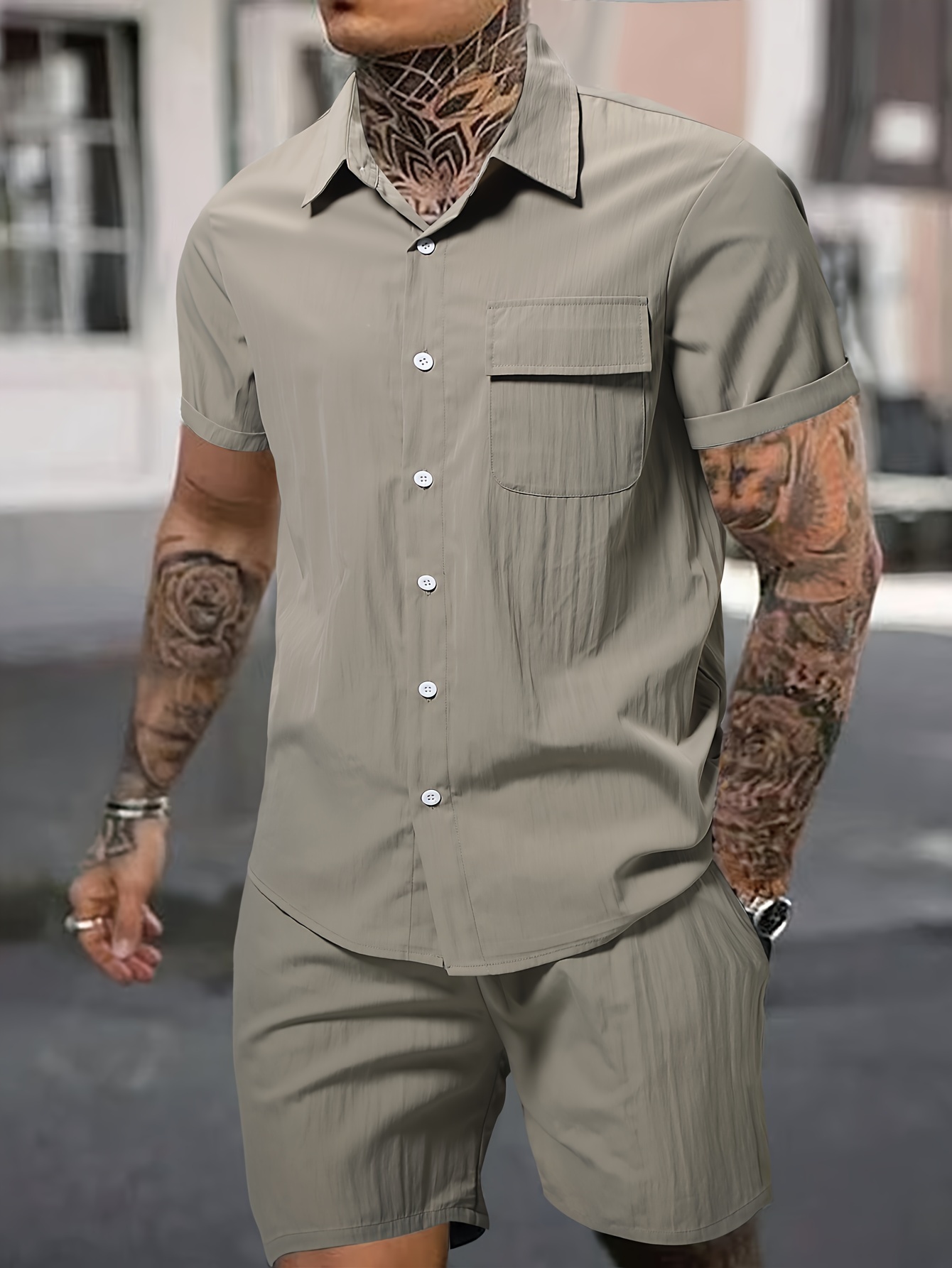 Piezas de Conjunto de Playa para Hombre Camisa de Manga Corta y Shorts  Cuello con Bolsillo en el Pecho, Resistente a Estilo