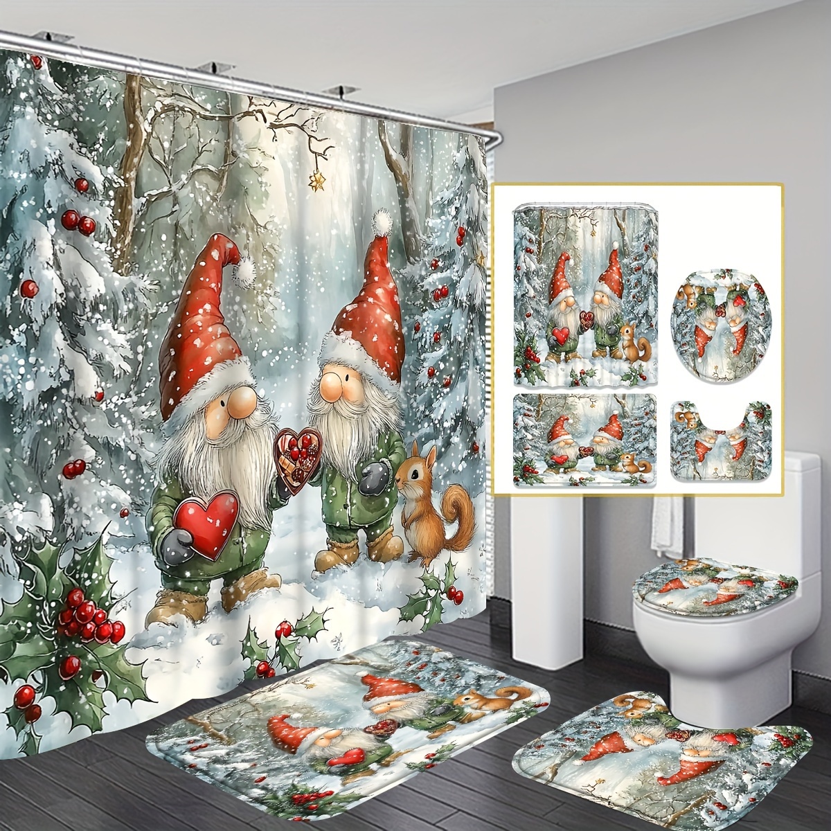 

Gnomes And Christmas Shower Curtain Set: Bathroom Decor Shower Curtain, Rug, And - Polyester, Suitable For