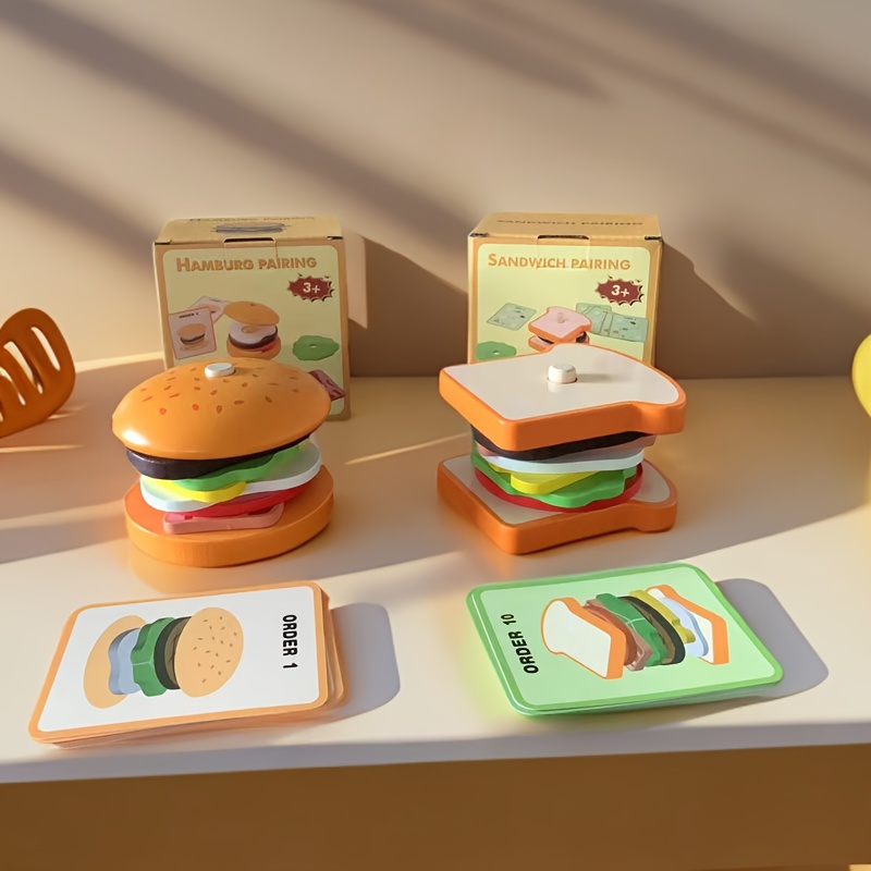 

Wooden Pretend Play Kitchen Set For Kids - Hamburger & Sandwich Matching Game, Enhances & Skills