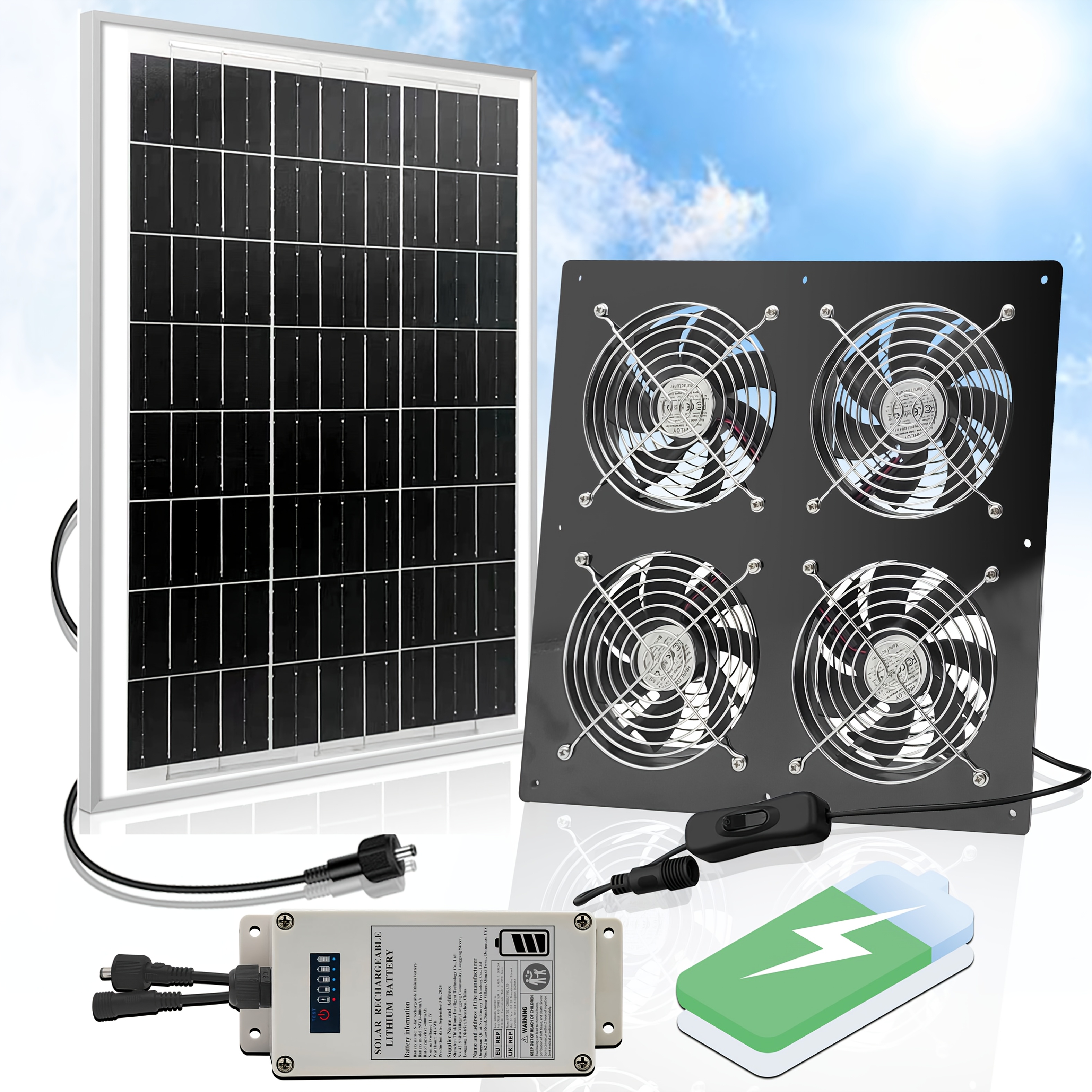item picture solar powered fan system 25w solar panel 4 high speed   brush solar greenhouse fans for dog house cooling ventilation compatible with 4a lithium battery