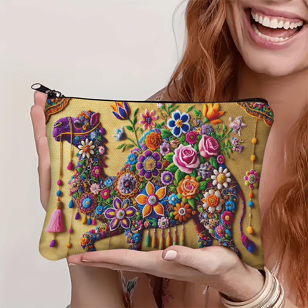 TEMU 1 Makeup Bag, A Ladies' Cosmetic Pouch Featuring Colorful Floral Patterns On A Camel Body, A Lightweight Travel Toiletry Bag With A Zipper, A