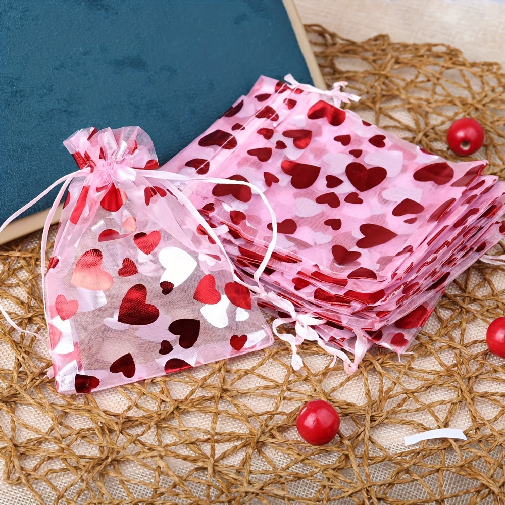 

10pcs/25pcs Valentine's Red Heart Patterned Organza Drawstring Pouches, Polyester, For Wedding Favors, Jewelry Packaging, And Party Gifts